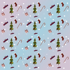 New Year's pattern, tree, toys, gifts, candies, snow