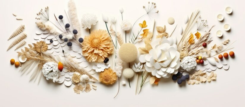 In the background, an abstract design with a textured paper, isolated from natures beauty, showcases the business of agriculture with artful arrangements of food and flowers in various shades of white