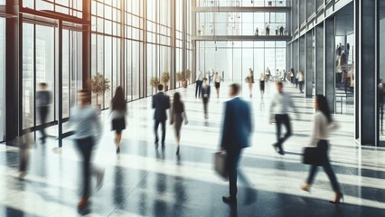 crowd business workplace with people in walking in blurred motion in modern office space