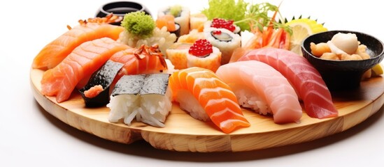 In an isolated restaurant with a white background, a plate of healthy Japanese sushi is served, topped with fresh fish, cheese, and vibrant red Asian ingredients, all accompanied by a side of steaming