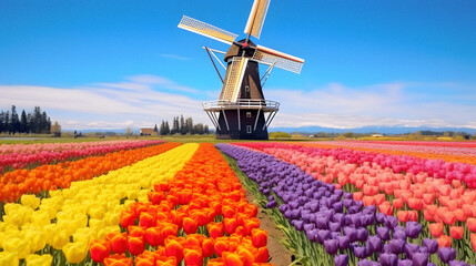Charming Wooden Windmill Amidst Colorful Tulip Fields, Enhanced with Bright and Vibrant Tones to Evoke a Cheerful and Picturesque Ambiance