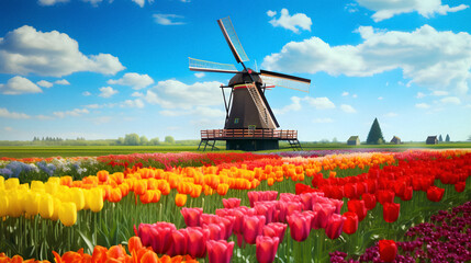 Charming Wooden Windmill Amidst Colorful Tulip Fields, Enhanced with Bright and Vibrant Tones to Evoke a Cheerful and Picturesque Ambiance