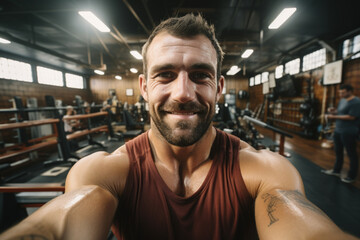 Smiling male personal trainer portrait of smiling at camera in gym. Happy man fitness coach standing in modern sport club interior. Active sport life getting fit healthy lifestyle concept - obrazy, fototapety, plakaty
