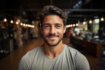 Active life, getting stronger, sport concept. Selfie smiling portrait of muscled man, male sportsman in sportswear doing training workout at gym, athlete looks friendly, happy and welcoming