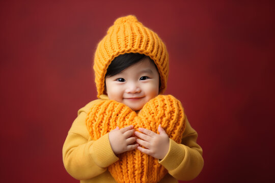 Asian cute toddler baby kid hugs knitted yellow heart in hands. Share love with those who need help in need social help problems attention and empathy volunteering donation support concept