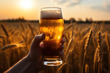 Hand holds wheat light beer mug in a ripe golden barley field on a wooden board with grains of barley at sunset time. Producing good quality bio drink product concept - obrazy, fototapety, plakaty