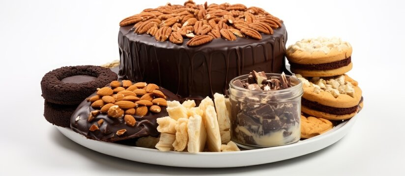 In an image captured on an isolated white background, a delectable chocolate cake sits proudly as a black candy on a dessert tray, surrounded by assorted snacks and baked goods like biscuits, cookies
