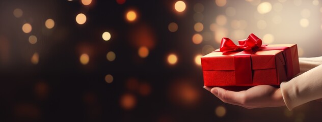 Christmas, birthday or valentine's day celebration, a person holding a beautiful gift bow with ribbon and bow on blurred dark background with lights, banner with space for text insert, festive emotion