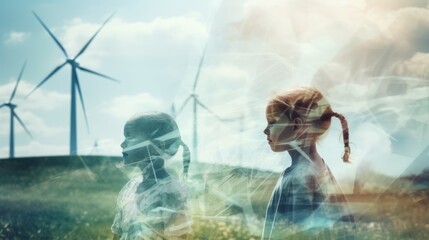 children and clean energy concept, light colors, Environmentally friendly installation of photovoltaic power plant and wind turbine farm situated by landfill background