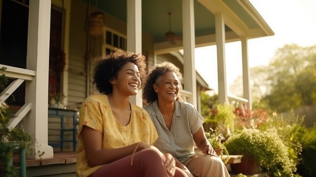 Young African American daughter with disabled mature Caucasian mother on sunny day outdoors on porch, Mixed race female family relaxing