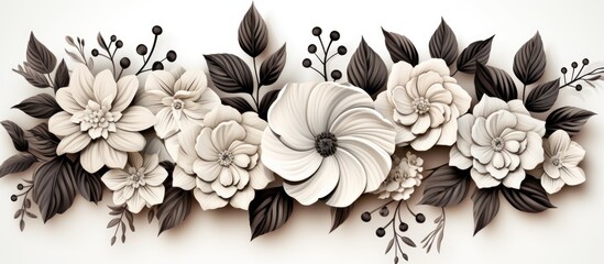 A vintage floral bouquet of beautiful flowers, isolated against a white background, exuding the natural beauty and vibrancy of nature, adorning a wooden wall with its exquisite black and white
