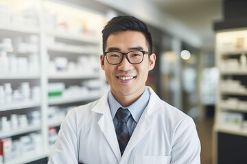 Confident handsome pharmacist at work portrait. Photo of a professional pharmacist checking stock in the storage room. 