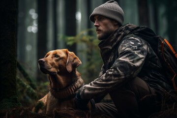 Hunter during hunting in forest with his dog. Hunter holding a rifle. Hunting expedition in the forest 