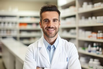Confident handsome pharmacist at work portrait. Photo of a professional pharmacist checking stock in the storage room. 