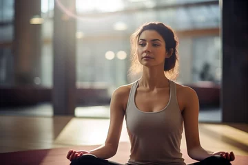 Foto op Canvas Caucasian woman doing yoga in yoga studio. Young peaceful woman doing exercising.  © evgenia_lo