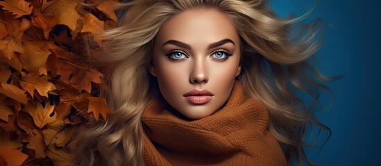 The beautiful woman with flawless makeup and blue eyes posed confidently for her autumn portrait, showcasing the latest fashion trends for the upcoming spring season, making her the epitome of beauty