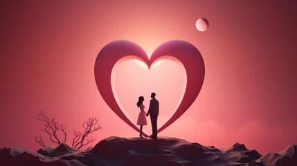 Illustrated couple holding hands in front of a heart-shaped moon AI generated illustration