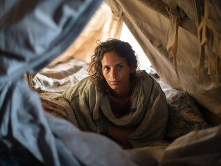 Fototapeta premium A war refugee finds solace and safety in a makeshift shelter in a turbulent world.