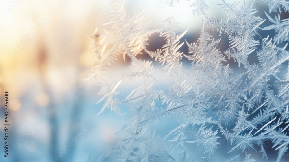 Aufkleber a macro shot of frost on a window with the christmas tree bokeh in the background ai generated illus