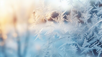 A macro shot of frost on a window with the Christmas tree bokeh in the background AI generated illustration - obrazy, fototapety, plakaty