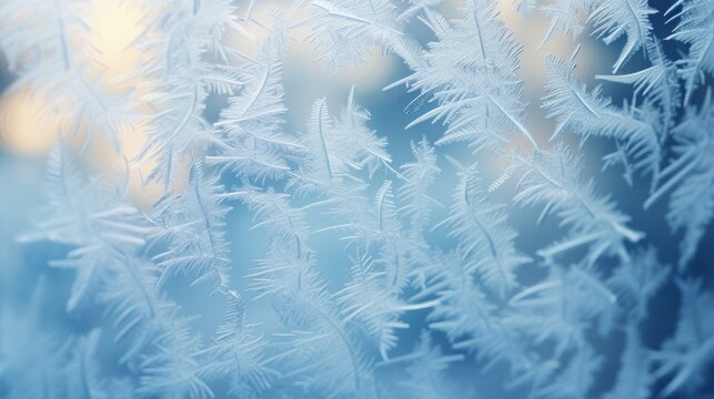 Fototapeta A macro shot of frost on a window with the Christmas tree bokeh in the background AI generated illustration