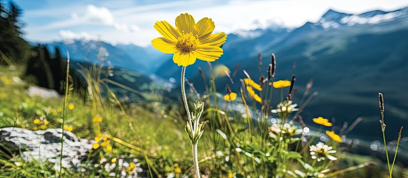 summer, amidst the breathtaking alpine mountains of Valais, a closeup of a yellow floral blossom reveals the exquisite beauty of alpina flora in natures flourishing display.