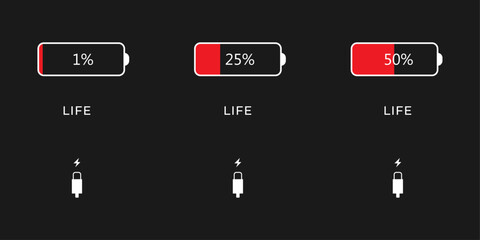 Battery life symbol with plug in charging cable for T-Shirt design. Vector Illustration 
