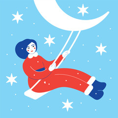 Christmas Eve art with female Santa among sky, moon, stars and snow. Hand drawing vector, minimalistic simple trendy style. Print, cover, wall art, card or decoration.