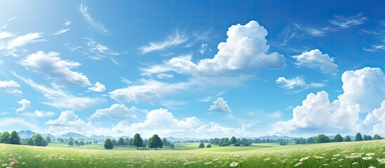 On a beautiful summer day, the clear blue sky meets the vast expanse of nature's landscape, where the sunlight diffuses through the white clouds, painting the environment with a radiant halo of light