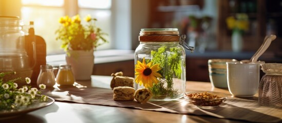 vintage kitchen, an old glass jar with tea leaves sat beside a delicate flower vase, while a textured table displayed healthy food prepared with expert cooking skills, reflecting the plant-filled - obrazy, fototapety, plakaty
