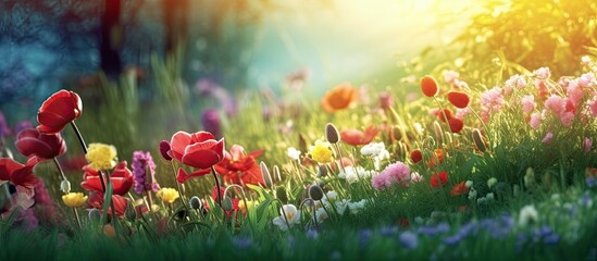 background of a vibrant garden, colorful flowers in shades of red, blue, and green bloom under the warm summer sun, illuminating the lush grass and leaves with a bright light, creating a picturesque - obrazy, fototapety, plakaty