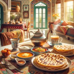 Traditional pakistani breakfast at home. A family gathering - obrazy, fototapety, plakaty