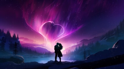 Obraz premium Couple kissing under heart-shaped northern lights AI generated illustration