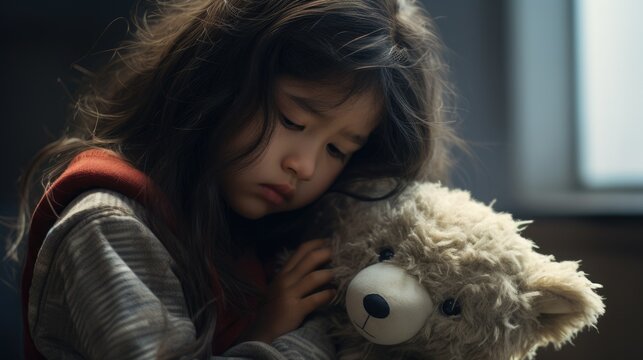 illustration in high realism, child hugging a stuffed animal generative ai