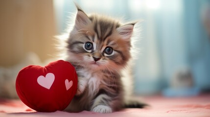 Cute kittens playing with a heart-shaped toy AI generated illustration