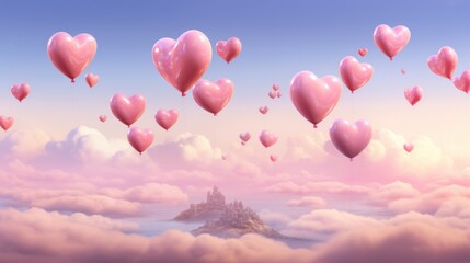 Depict a series of tiny heart-shaped balloons lifting off into a pink sky for a Valentines Day backdrop AI generated illustration - obrazy, fototapety, plakaty