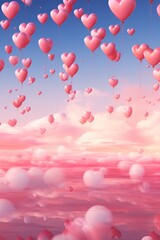 Depict a series of tiny heart-shaped balloons lifting off into a pink sky for a Valentines Day backdrop AI generated illustration