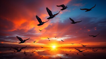 Silhouetted birds soaring against a vibrant sunset

