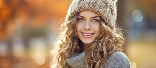 Amidst the picturesque winter backdrop, the beautiful woman with her radiant smile and flowing hair donned a cozy Merino wool cap, a fall sweater, emanating an aura of Christmas charm, capturing the - obrazy, fototapety, plakaty