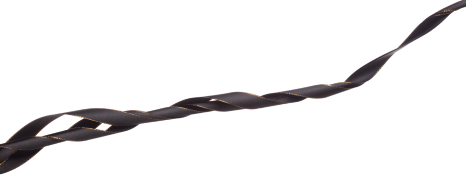Black ribbon long straight fly in air with curve roll shiny. Black ribbon for present gift birthday party to wrap around decorate and curl curve long straight. White background isolated