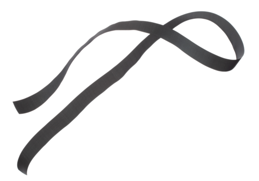 Black ribbon long straight fly in air with curve roll shiny. Black ribbon for present gift birthday party to wrap around decorate and make of textile cloth long straight. White background isolated