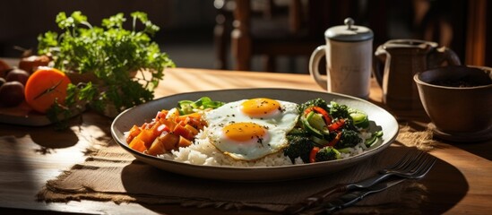 In the kitchen, a wooden table adorned with a clean white tablecloth showcased a delicious Asian breakfast consisting of rice, a plate of colorful vegetables and a perfectly fried egg, all accompanied