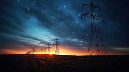 Electricity transmission towers with orange glowing wires the starry night sky. Energy infrastructure concept, energy, electricity, voltage, supply, pylon, technology.