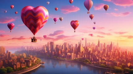 Fototapeta na wymiar Heart-shaped hot air balloons flying over a cityscape AI generated illustration