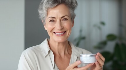 senior beautiful woman smile use cream for good skin. face of a healthy woman apply cream and makeup. Advertisement for skin cream, anti-wrinkle, baby face, whitening, moisturizer, tighten pores