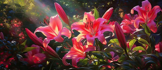 In the magnificent garden, a plethora of beautiful flowers adorned the landscape, including vibrant red and delicate pink lilies gracefully blooming under the warm sunlight, with the crimson hues of