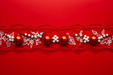 red knitted background, Christmas decoration on red background with space for text. Top view.
