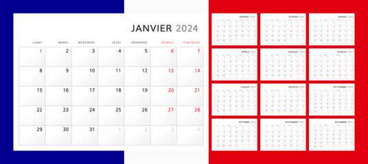 Calendar 2024 in French. Wall quarterly calendar for 2024 in a classic minimalist style. Week starts on Monday. Set of 12 months. Corporate Planner Template. A4 format horizontal. Vector graphics - obrazy, fototapety, plakaty