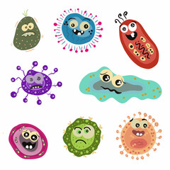 Set of cute virus characters. Vector illustration isolated on white background.
