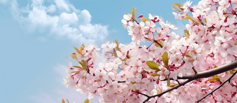 background of a beautiful spring day, a white flowering tree stands tall garden, filling the air with the scent of its pink blossoms, creating a happy and natural atmosphere.